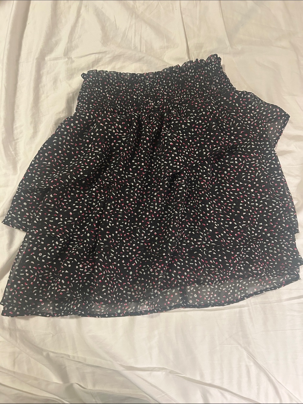 H&M Black Tiered Smocked Mini Skirt with Pink & White Fleck Print